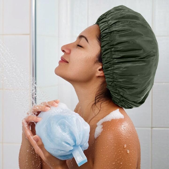 Skiennix Reusable Shower Cap - Large Waterproof Bath Hair Hat for Long Hair & Braids | Green