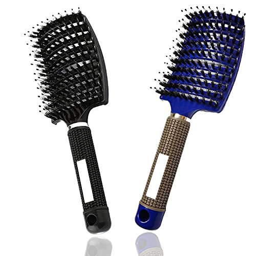 Boar Bristle Hair Brush 2 Pack, Detangling Brush, Vented Curved Hair Brush for Thick Curly Fine Wet Dry Long Hair, MYMOOSH Fast Dry No Tangle Hair Brush, Boar Bristle Brush for Women Men Kids (blue)