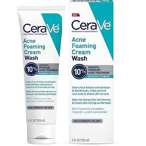 CeraVe Acne Foaming Cream Wash, Gentle Face and Body Cleanser with Benzoyl Peroxide 10%, Hyaluronic Acid, and Niacinamide, 10% Benzoyl Peroxide Treatment Clears Pimples and Blackheads 5 Oz