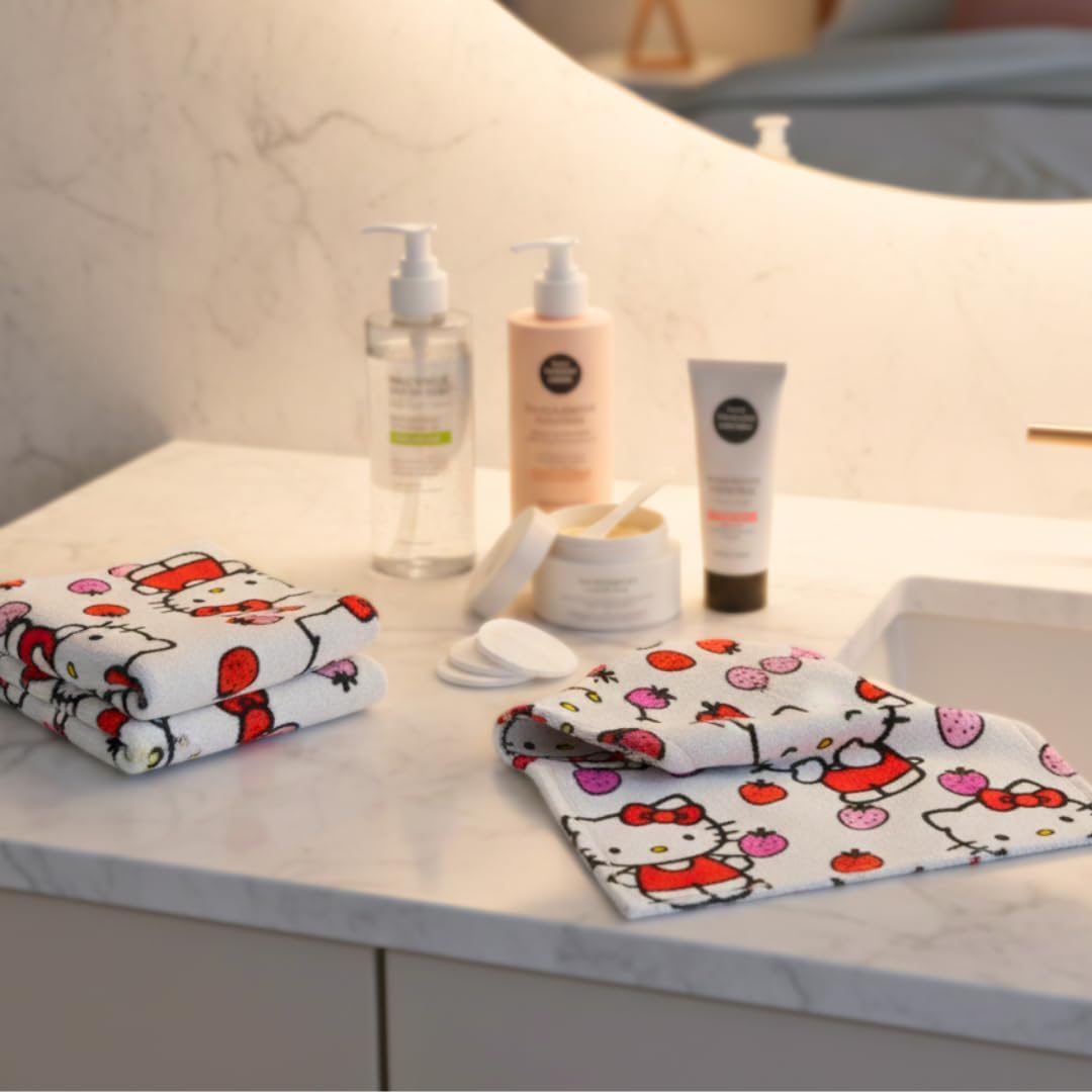Franco Hello Kitty Washcloths - 100% Cotton Super Soft Face Cloths for Makeup Removal | Cute Strawberry Design - 13” x 13”