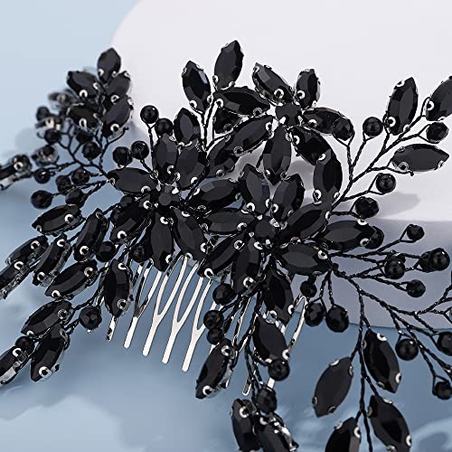 Teyglen Women Dainty Large Black Rhinestones Flower Crystal Pearls Bride Wedding Hair Comb Headband Luxurious Hair Accessories Shiny Black Rhinestones Crystals Bridal Side Hair Combs for Women Bride Girls (Black)