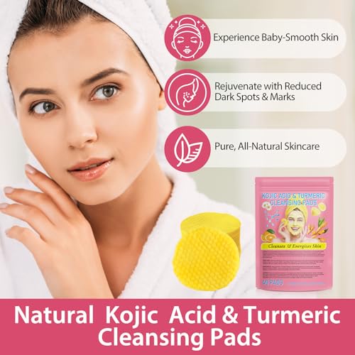 Turmeric Cleansing Pads, Kojic Acid & Turmeric Cleansing Pads,Turmeric Pads for Face Dark Spots, Curcumin Turmeric Cleansing Cotton Pads, Turmeric kojic pads, Turmeric Cleansing Pads for Face (40 PCS)