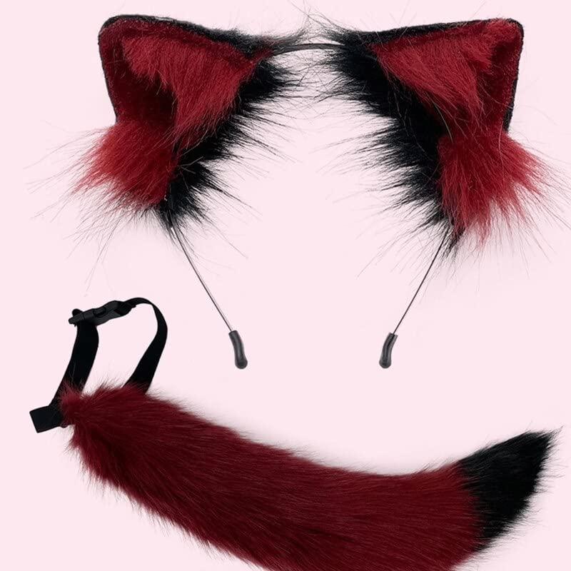 Wolf Ears Headbands Tail Furry Animal Ears Headwear Fox Kitten Cat Hair Hoop for Halloween (Red and Black Ears t)