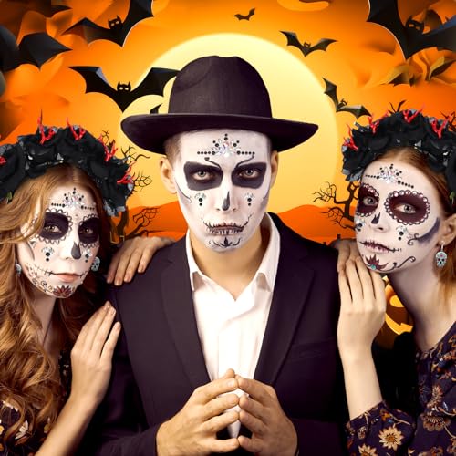 Riceshoot 3 Pcs Day of the Dead Costumes Accessories for Women Halloween Headbands Skull Earrings Gems(Black Hue)