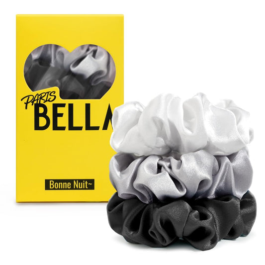 PARISBELLA Satin Silk Scrunchies For Hair Sleep, No Damage Satin Hair Ties for Women and Girls, Black White and Grey, Pack of 3