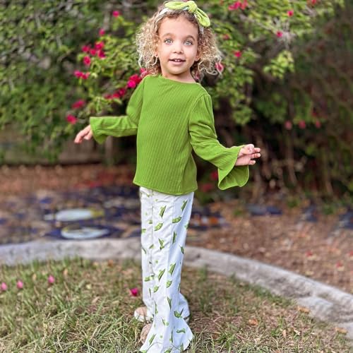 Sosomi Toddler Girl Clothes Set 2T Baby Fall Outfits Cute Green Shirt Top + Leggings Flare Pants Fashion Floral leggings Kids Costume Winter 24 months Little Girls Long Sleeve Clothing Sets Headband