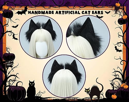 Loiahoer Cat Ears Headband Hairband Hairhoop,Animal Fluffy Neko Headwear Handmade,Head Accessories for Halloween Cosplay Fancy Dress Party,Black