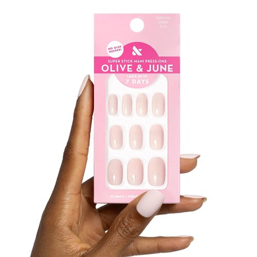Olive & June Classic Super Stick Mani Press On Nails | No Glue Needed | 32 Tab Nails 16 Sizes | Non-Toxic Tabs Non-Damaging 7-Day Wear | Spring Flowers & Patterns | Short, Squoval | Tutu Pastel Pink