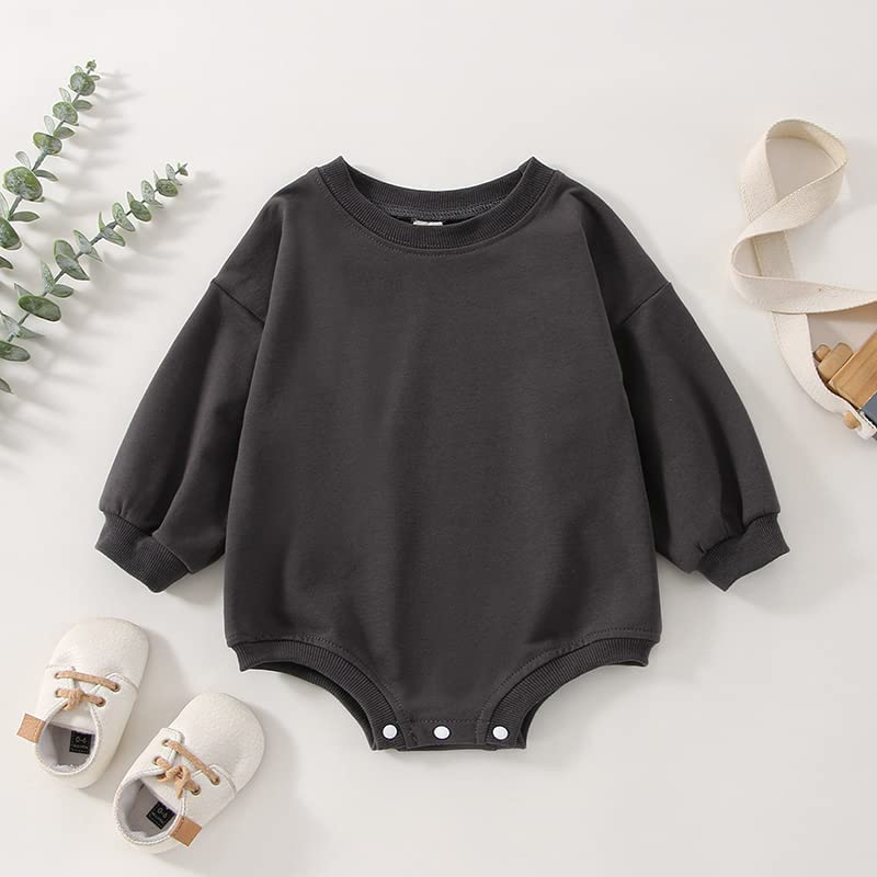 DOSYZTO Baby Boy Girl Fall Outfit Long Sleeve Bubble Romper Sweatshirt Top Solid Color Jumpsuit Infant Bodysuit Clothes (Solid Dark Gray Romper,12-18 Months)