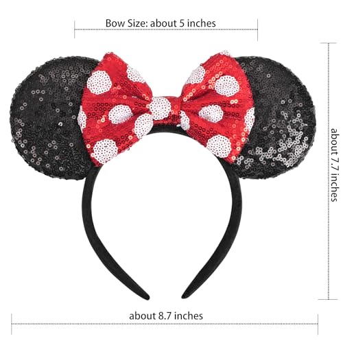 Seamoy Mouse Ears headband,2pcs Sequin Headband Glitter Hairband for Baby Shower Headwear Halloween Theme Party Decoration(Red&Polka dot)