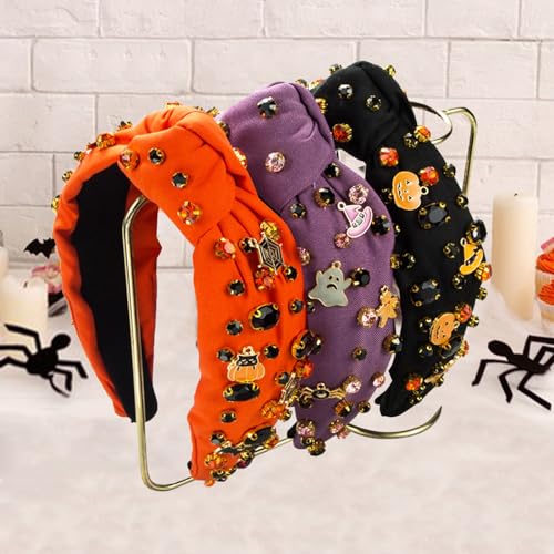 Winmany Halloween Rhinestone Headband Crystal Knotted Beaded Jeweled Headbands for Women Ghosts Pumpkin Charm Candy Corn Top Hairband Halloween Costume Hair Accessories (Black)