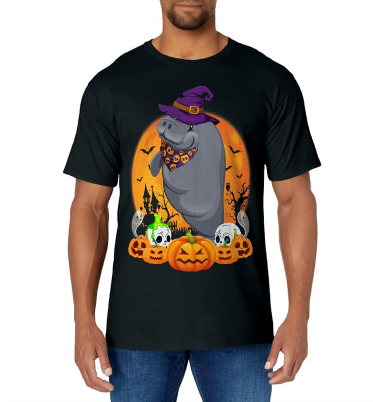 Manatee Lover Scary Pumpkin Skull Witch Manatee Halloween T-Shirt