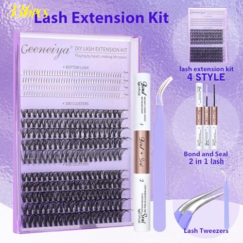 Geeneiya Natural Lash Clusters Kit Wispy Lash Extension Kit Bottom Lashes DIY Eyelash Extension Kit D Curl Individual Eyelashes Kit with Waterproof Lash Bond and Seal, Lash Tweezers (30D+40D+BOTTOM)