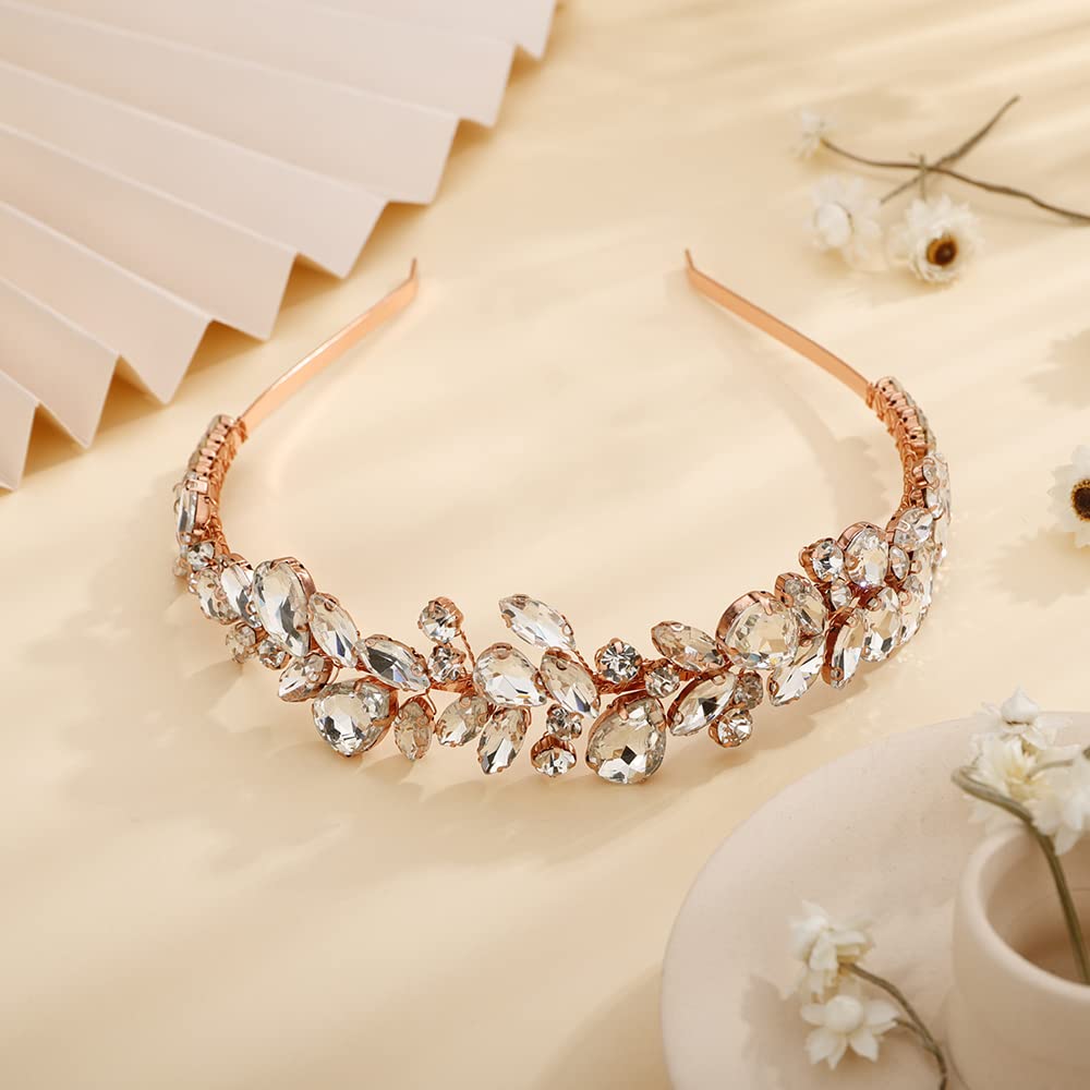 Teyglen Rose Gold Crystal Handmade Hair Hoop Headband Vintage Wedding Headpiece for Women Girl