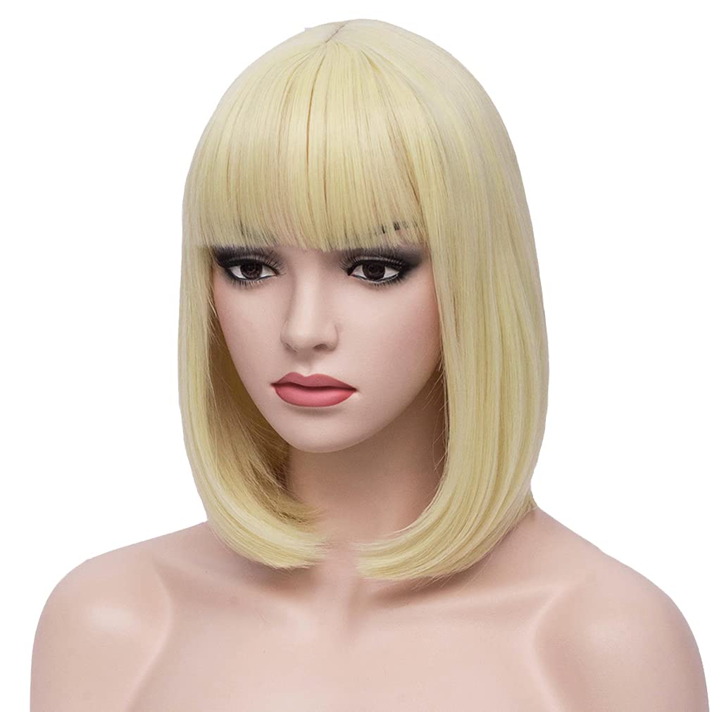 BERON 12 Inches Blonde Bob Wig Short Straight Blonde Wig with Bangs for Women Halloween Cosplay or Daily Use Wigs (Blonde)