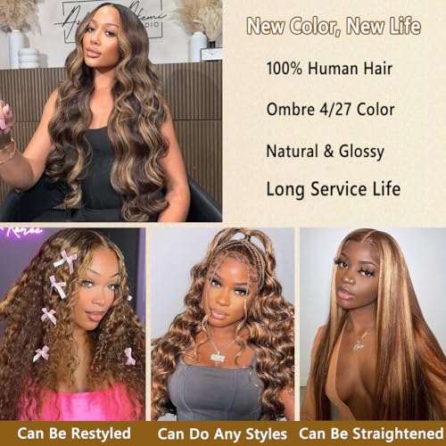 Seekomi Ombre Human Hair Bundles Highlight 4/27 Body Wave Bundles Human Hair 16 18 20 Inch 12A 100% Virgin Colored Brown and Blonde 3 Bundles Human Hair Double Weft Quick Weave for Women, 300g