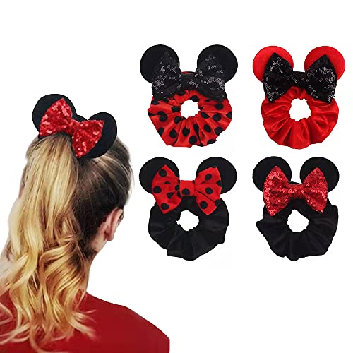 JIAHANG Velvet Mouse Ear Hair Scrunchies Dot Costume Sequins Bow Ponytail Holder Elastic Hair Tie 4 Pack for Girls Women(COLOR E)