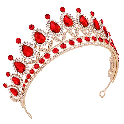 Vofler Tiara for Women, Gold Crown w/ Ruby - Royal Queen Red Crystal Rhinestone Headpiece Headband for Princess Girls Kids Bridal Birthday Wedding Pageant Prom Homecoming Halloween Costume Party