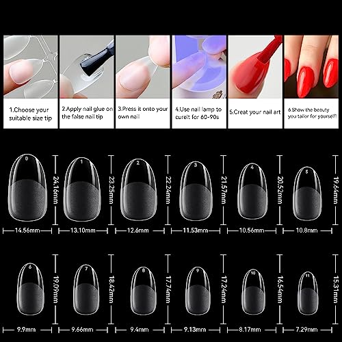 UNA GELLA Almond Oval Fake Nails Pre-shape 504pcs Oval Gel Nail Tips Round Oval Almond Press on Nails for Full Cover Acrylic Round Oval Full Nails False Nails 12 Sizes False Soft Gel Tips