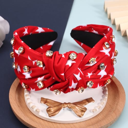 Ardorchid 4th of July Headbands for Women Girls America Independence Day Patriotic Headbands Rhinestone Knotted Wide USA Red Star Hair Accessories Celebration Party Headwraps