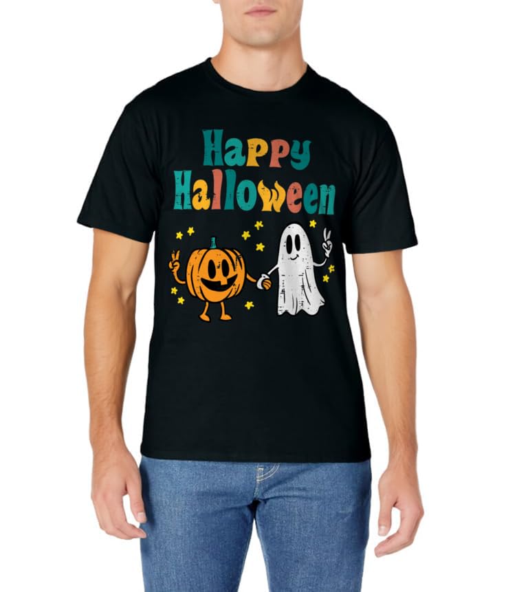 Pumpkin Ghost Happy Halloween Retro Groovy Vintage Women Kid T-Shirt