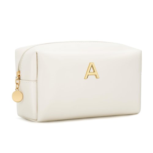 CLOUDWINGS Gifts for Women Bridesmaid Gifts Personalized Initial Makeup Bag PU Leather Cosmetic Waterproof Travel Toiletry Bag (Beige A)