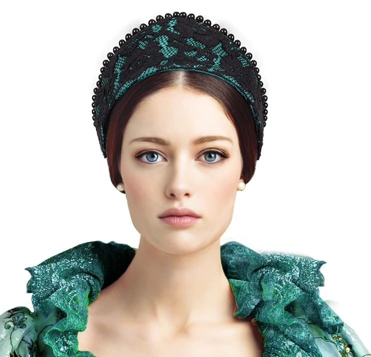 C-ZOFEK Anne Headband Velvet Pearl Tudor French Hood Gothic Renaissance Hair Accessory (Green)