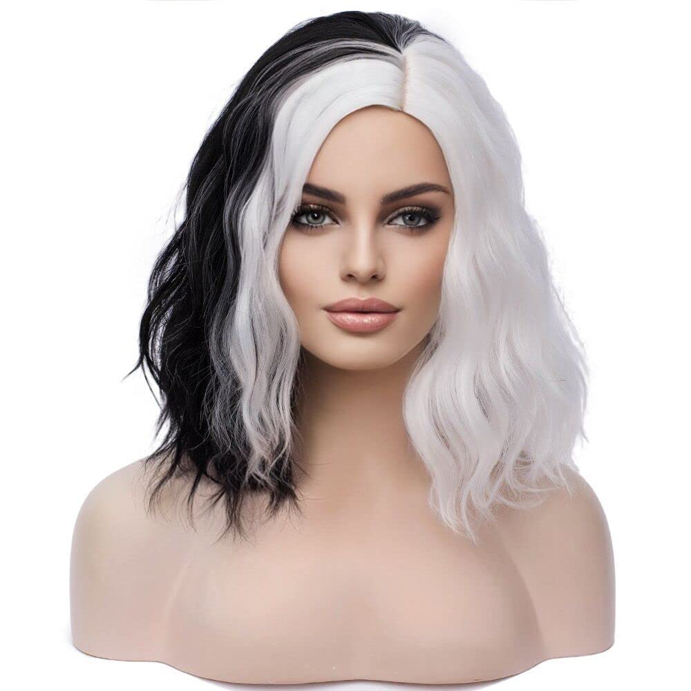 MAGQOO Black White Wig Side Part Short Curly Wavy Hair Wigs Synthetic Heat Resistant Cosplay Costume Party Wigs (Black White, Women Girls)