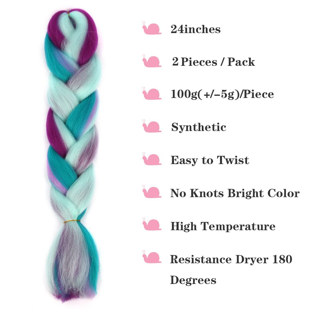 CliCling 4 Colors Mix Braiding Hair Extensions Synthetic Jumbo Hair for Crochet Box Braids Twist Braid (Mint Green-Light Purple- Dark Purple-Green)