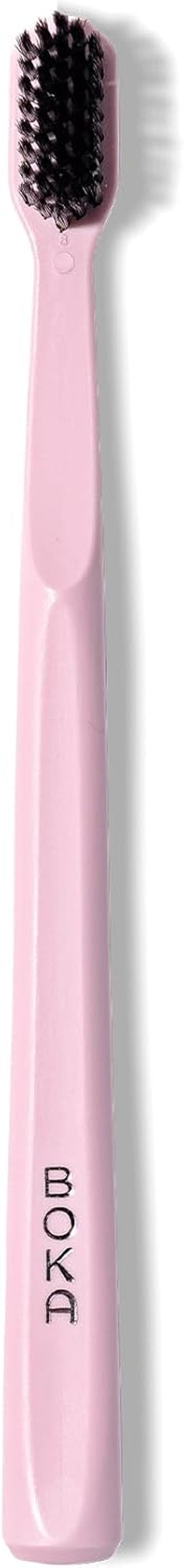 Boka Classic Manual Toothbrush - Extra Soft Activated Charcoal Bristles, Bioplastic Handle, Pink