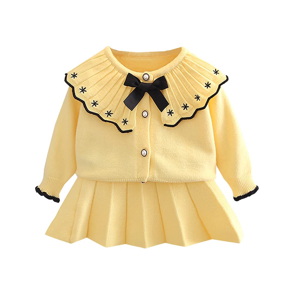 Toddler Baby Girls Autumn Winter Fall Clothes Knit Long Sleeve Ruffle Sweater Top+Pleated Mini Tutu Skirt 2pcs Outfit for Kids Princess Casual Playwear Homewear Clothing Set Yellow-Black 12-18 Months