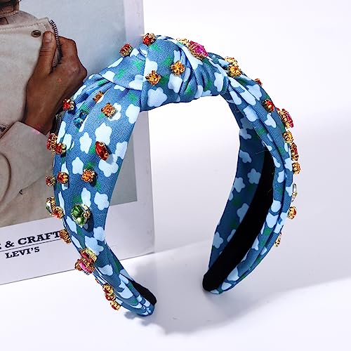 Crystal Knotted Headband for Women Colorful Rhinestone Jeweled Embellished Flower Printed Wide Top Knot Hairband Vibrant Floral Pattern Turban Hair Hoop Funny Gift for Ladies Girls Sister