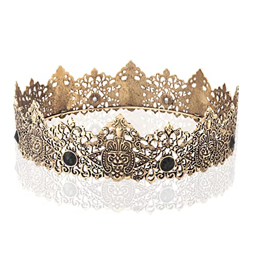 LEEMASING King Men Gold Tiara Crown Imperial Medieval Headband Crystal Pageant Costumes For Wedding Halloween Faire Birthday (Dark Gold With Black Stone)