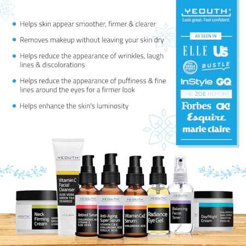YEOUTH Skin Care Set: Retinol Serum with Hyaluronic Acid, Vitamin C & Super Face Serum, Cleanser, Toner, Eye Gel, Neck Cream, Face Cream 8-Piece Skincare Kit For Women