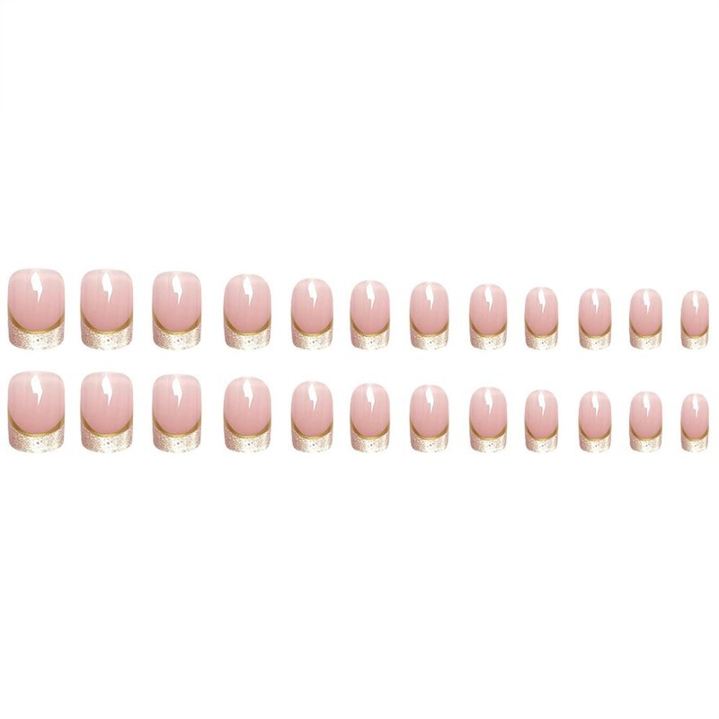 Short Press on Nails Cute Square French Tip Fake Nails with Glitter French Designs Nude Glossy Acrylic Nails Gold Stripes False Nails Reusable Artificial Glue on Nail for Women Girls 24Pcs
