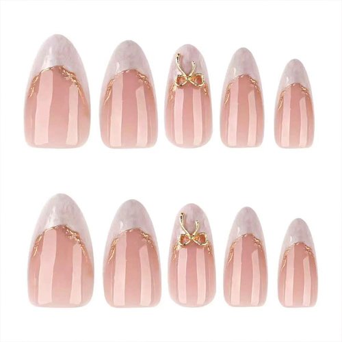 geyakal French Tip Press on Nails - Almond Fake Nails - Bow False Nails Press ons - Medium 3D Gold Acrylic Glossy - Cute Glue on Nails - for Women Artificial Stick on Nail 24 Pcs