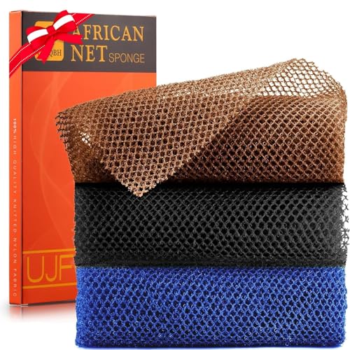 UJFQBH 5 Pieces African Bath Sponge African Net Long Net Bath Sponge Exfoliating Shower Body Scrubber Back Scrubber Skin Smoother,Great for Daily Use (Purple, Pink, Green, Blue, White)
