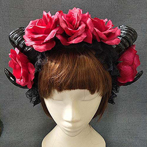 Restyle Sheep Horn Rose Flower Headband Gothic Beauty Horror Horns Halloween Black Veil Lace Retro Hair Accessories Vintage (C)