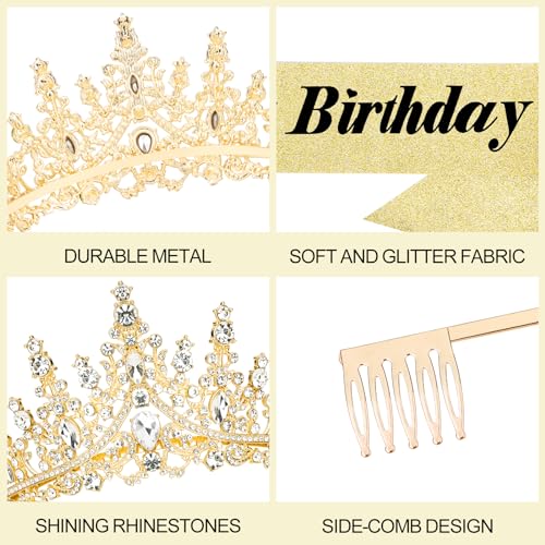 CURASA Birthday Sash and Crown Gold Birthday Sash for Women Birthday Crown adult Women Giltter Its My Birthday Sash Birthday Tiara for Women Girls Princess Crown Birthday Decoration Party Favors Gifts