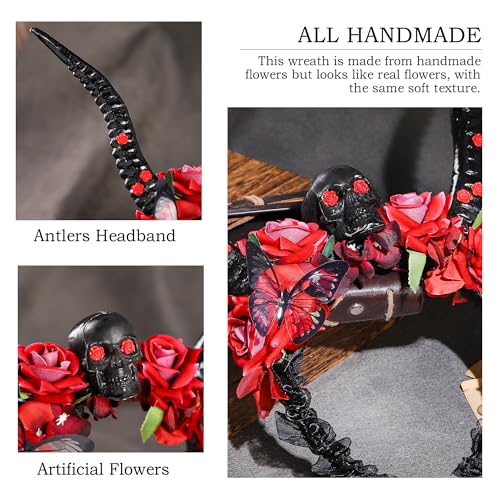 MOSTORY Handmade Black Ox Horn Headband - Gothic Halloween Headband with Flowers Devil Hairband with Skull Dark Accessory for Cosplay Renaisssance Day of the Dead