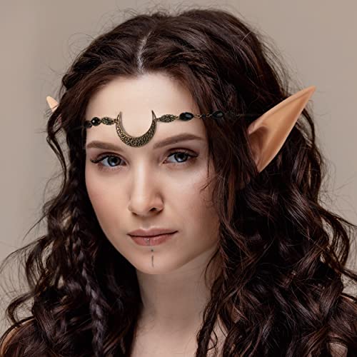 FRESHME Elf Ears with Headpiece - 2 Pairs Fairy Elven Ears and Vintage Moon Head Chain Set for Women Girls Headbands Cosplay Party Dress Up Christmas Halloween Renaissance Costume Hair Accessories