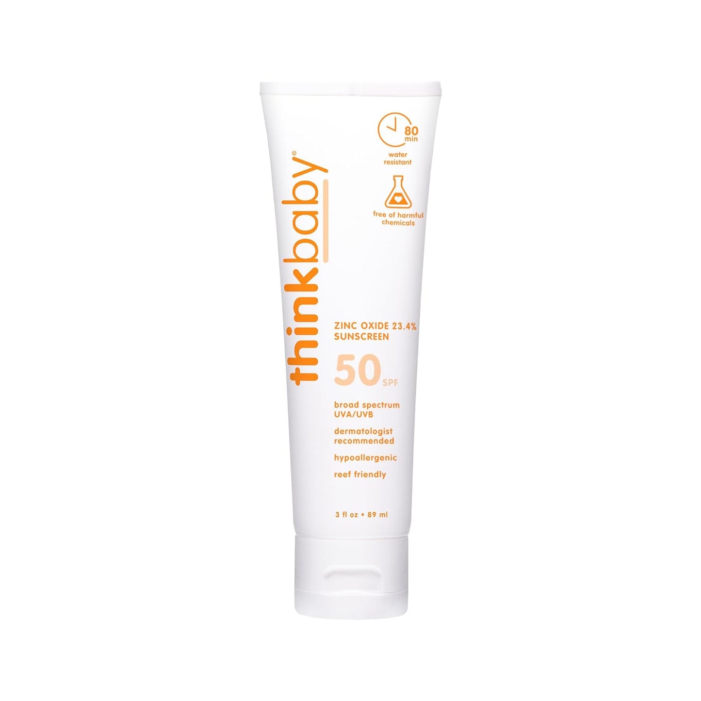 Thinkbaby SPF 50+ Baby Sunscreen - Natural Mineral Formula, Water Resistant, 3 Oz - Safe UVA/UVB Protection