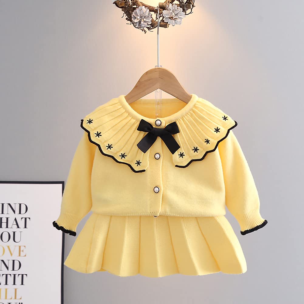 Toddler Baby Girls Autumn Winter Fall Clothes Knit Long Sleeve Ruffle Sweater Top+Pleated Mini Tutu Skirt 2pcs Outfit for Kids Princess Casual Playwear Homewear Clothing Set Yellow-Black 12-18 Months