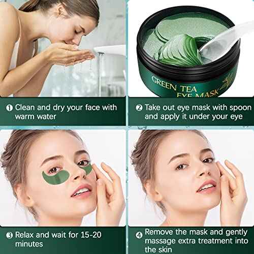 Tiepetly Under Eye Masks with Collagen, Green Tea Eye Patches for Dark Circles and Puffiness, Hydrating, Anti Wrinkle, 60 pcs