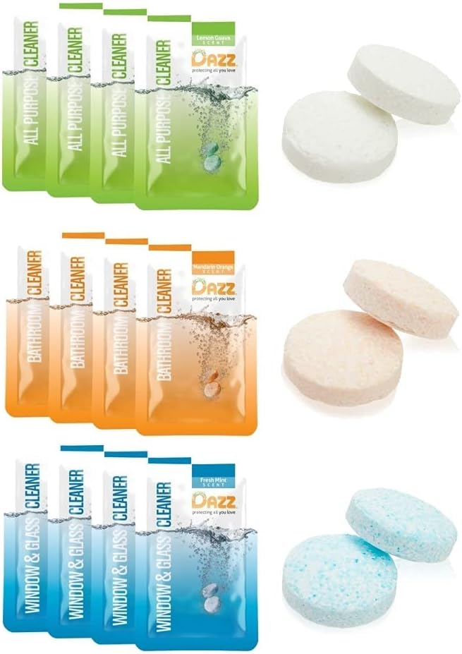Dazz Whole House Refill Pack - Natural Cleaning Tablets | Eco-Friendly All-Purpose, Glass & Bathroom Cleaners (12 Total)