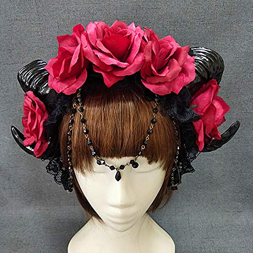 Restyle Sheep Horn Rose Flower Headband Gothic Beauty Horror Horns Halloween Black Veil Lace Retro Hair Accessories Vintage (Crystal D)