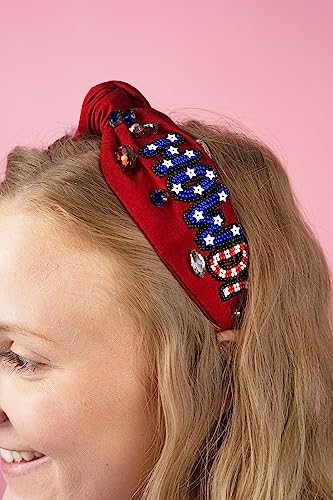 4 th of July Headband for Women American Flag Star Beaded Knotted Headband Headpiece Fourth of July Hairband USA Patriotic Red White and Blue Crystal Jeweled Embellished Headband Boho Wide Top Knot Twisted Hairband Hair Accessories Gift (patriotic headban