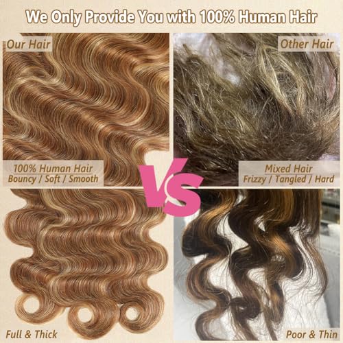 Seekomi Ombre Human Hair Bundles Highlight 4/27 Body Wave Bundles Human Hair 16 18 20 Inch 12A 100% Virgin Colored Brown and Blonde 3 Bundles Human Hair Double Weft Quick Weave for Women, 300g