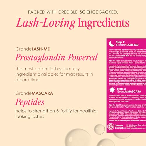 Grande Cosmetics 2-Step Lash System Set, GrandeLASH-MD & GrandeMASCARA Conditioning Peptide Mascara for Fuller, Healthier, Longer-Looking Lashes