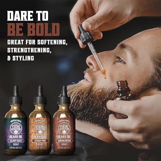 Viking Revolution Beard Oil - Natural Conditioning Oil Set with Sandalwood, Pine & Cedar Scents | 3 Pack (1oz Each)